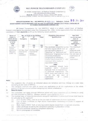 MPPTCL Recruitment 2017 for 19 Executive Trainee Posts