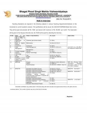 BPS Mahila Vishwavidyalaya Recruitment 2017, 36 Vacancies for Teaching Assistant Posts