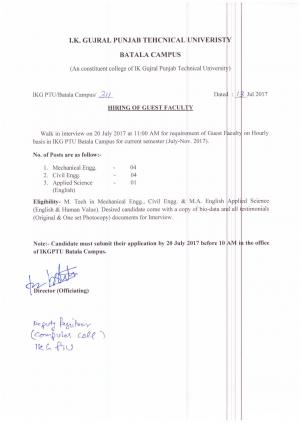 IKGPTU, Batala Recruitment 2017 for 09 Guest Faculty Posts