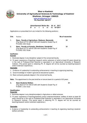 SKUAST, Srinagar Recruitment 2017 for 05 Dean and Other Posts