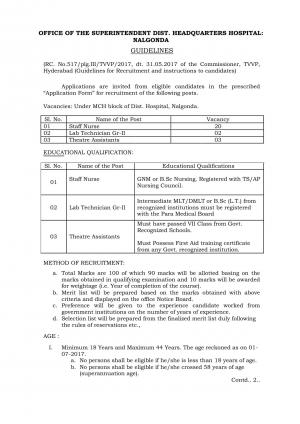 Supt. Dist. Headquarters Hospital, Nalgonda Recruitment 2017 for 25 Nurse & Other Posts