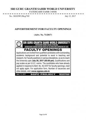 SGGSWU Recruitment 2017 for 44 Professor, Associate Professor & Assistant Professor Posts