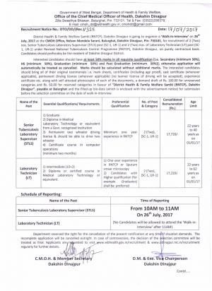 Lab Technician and STLS Vacancies under RNTCP, Apply at Office of CMOH Dakshin Dinajpur