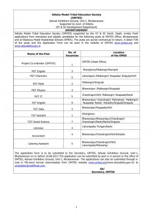 OMTES Recruitment 2017 for 51 Teacher & Other Posts