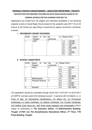 TTD Recruitment 2017 for 16 Teacher Posts