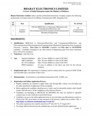 BEL Recruitment 2017, 50 Vacancies for Contract Engineer Posts, Engineering Grads can Apply  