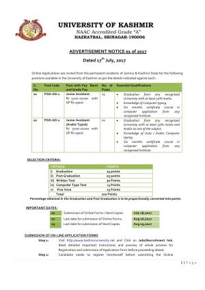 University of Kashmir Recruitment 2017 for 16 Junior Assistant Posts