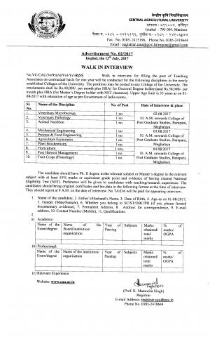 Central Agriculture University Recruitment 2017 for 12 Teaching Associates Posts 