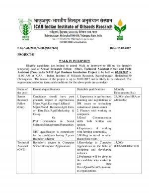 ICAR – IIOR, Hyderabad Recruitment 2017 for 04 Senior Research Fellow (SRF) and Other Posts