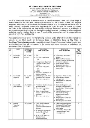 NIV Recruitment 2017 for Scientist & Other Posts