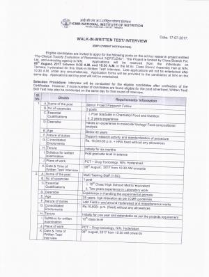 ICMR-NIN Recruitment 2017 for 04 Senior Project Research Fellow & MTS Posts