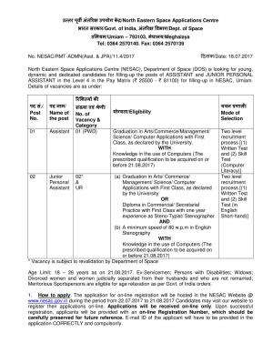 NESAC Recruitment 2017 for 03 Junior Personal Assistant & Assistant Posts 