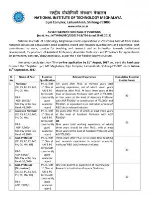 NIT, Meghalaya Recruitment 2017 for 05 Faculty Posts 