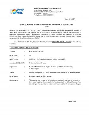 HAL, Bangalore Recruitment 2017 for 06 Visiting Consultant Posts