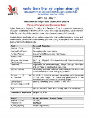 IISER, Pune Recruitment 2017 for 03 RA & Project Assistant/ Project Fellow Posts