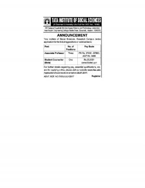 TISS Guwahati Recruitment 2017, 2 Vacancies for Student Counsellor and Assistant professor