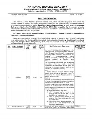 National Judicial Academy Recruitment 2017, 7 Vacancies for Faculty, RA and Other 