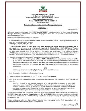 National Fertilizers Limited Recruitment 2017, 10 Vacancies for Assistant Manager (Marketing) 