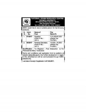 NBRC (Deemed University) Recruitment 2017 for 2 Registrar and Personal Secretary Post