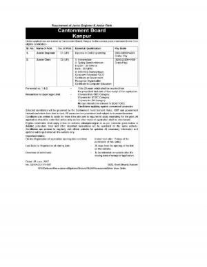 Cantonment Board, Kanpur Recruitment 2017, 3 Vacancies for Jr Engineer and Jr Clerk Posts Cantonment Board, Kanpur Recruitment 2017, 3 Vacancies for Jr Engineer and Jr Clerk Posts 