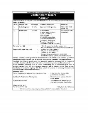Cantonment Board, Kanpur Recruitment 2017, 3 Vacancies for Jr Engineer and Jr Clerk Posts