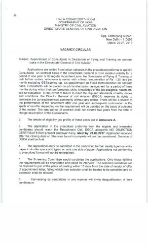 Ministry of Civil Aviation Recruitment 2017 for 03 Consultant Posts 