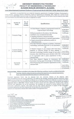 AMU Recruitment 2017 for 6 Assistant Professor Posts