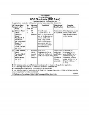 Ministry of Defence Recruitment 2017, 3 Vacancies for LDC and Civilian Motor Driver at NCC (TNP AN)