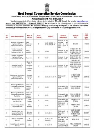 WBCSC Recruitment 2017 for 65 Office Assistant, Clerk & Other Posts