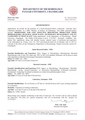 Punjab University, Chandigarh Recruitment 2017 for 03 JRF & Other Posts