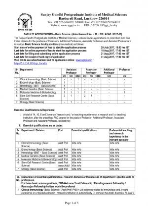 SGPGIMS Lucknow Recruitment 2017 for 19 Faculty Posts