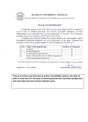 Kumaun University, Nainital Recruitment 2017 for 04 Teaching Personnel Posts