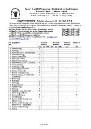 SGPIMS Recruitment 2017, 67 Vacancies for Professor, Assistant Professor and Other Faculty