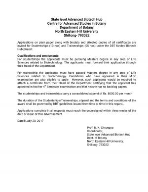 NEHU Recruitment 2017 for 15 Studentships & Traineeships Posts