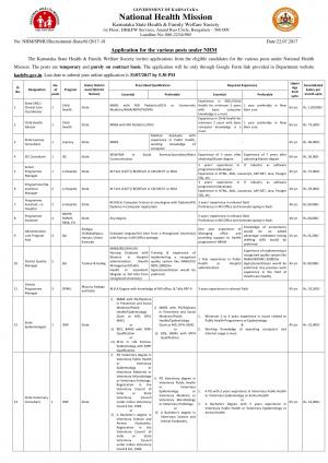 NHM Bengaluru Recruitment 2017 for 50 IFV, Programme Assistant & Other Posts