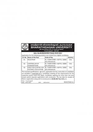Bharathidasan University, Tiruchirappalli Recruitment 2017 for 03 Registrar and Other Posts