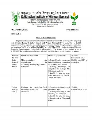 ICAR IIOR Recruitment 2017, 3 Vacancies for SRF and Project Assistant Posts