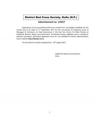 District Red Cross Society, Kullu Recruitment 2017 for 07 Volunteer & Manager Posts