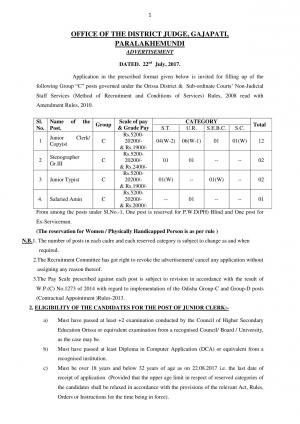 District Judge, Gajapati Recruitment 2017 for 17 Group C Posts