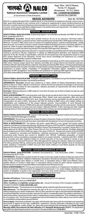 NALCO Recruitment 2017 for Advisor Posts 