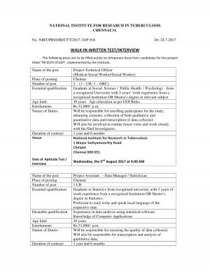 NIRT Recruitment 2017 for 03 Project Technical Officer & Project Assistant Posts 