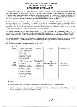 District Level Selection Committee, Howrah Recruitment 2017, 3 Vacancies for DEO Posts