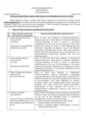 Cochin Shipyard Limited, Kochi Recruitment 2017, 15 Vacancies for Jr Technical Assistant and Other 