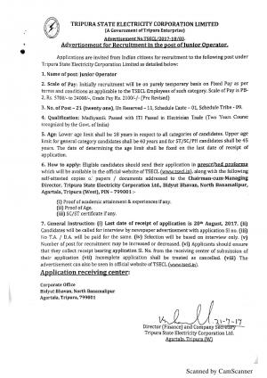 TSECL Recruitment 2017 for 21 Junior Operator Posts 