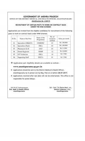 DMHO-Ananthapuramu Recruitment 2017 for 32 Dental Hygienist, OT Technician & Other Posts