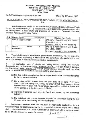 NIA Recruitment 2017 for 11 Senior Public Prosecutor & Deputy Legal Advisor Posts 