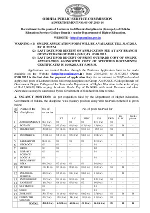 OPSC Lecturers Notification 2013 Notification
