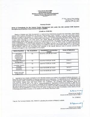 Min. of Women & Child Development Recruitment 2017 for 06 Consultants and PA Posts