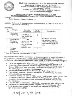 DRDO, CVRDE Recruitment for 17 Junior Research Fellow Posts