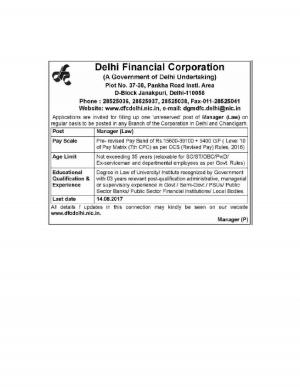 Delhi Financial Corporation Recruitment 2017, Apply for Manager (Law) Posts